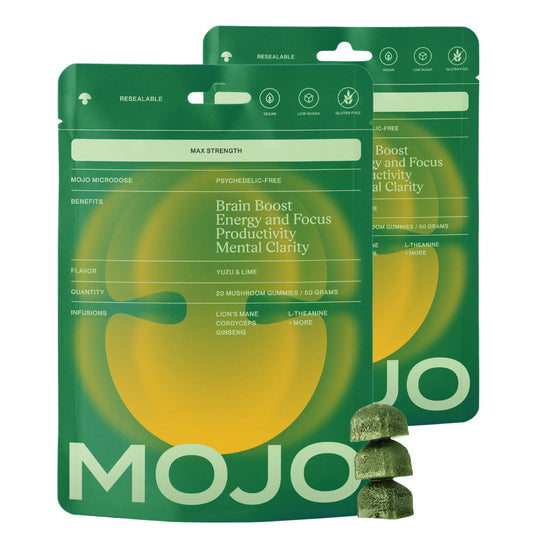 Mojo Extra Strength Focus Gummies bottle on desk boosts daily focus and energy.