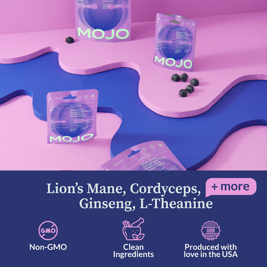 Closeup of Mojo Focus Gummies suggesting convenient cognitive support during tasks.
