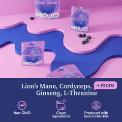 Closeup of Mojo Focus Gummies suggesting convenient cognitive support during tasks.