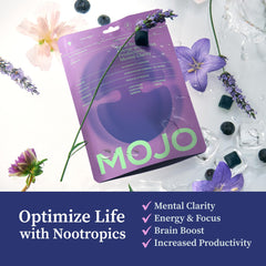Mojo Focus Gummies nutrition label shows vegan, gluten-free formulation for plant-based routines.