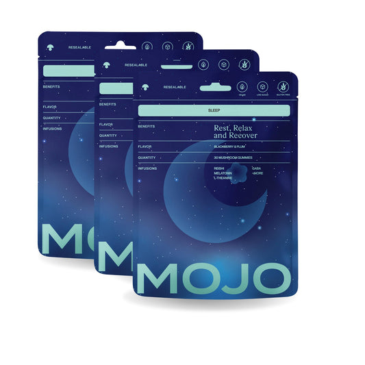Mojo Sleep Gummies bottle on nightstand promoting calm evenings.
