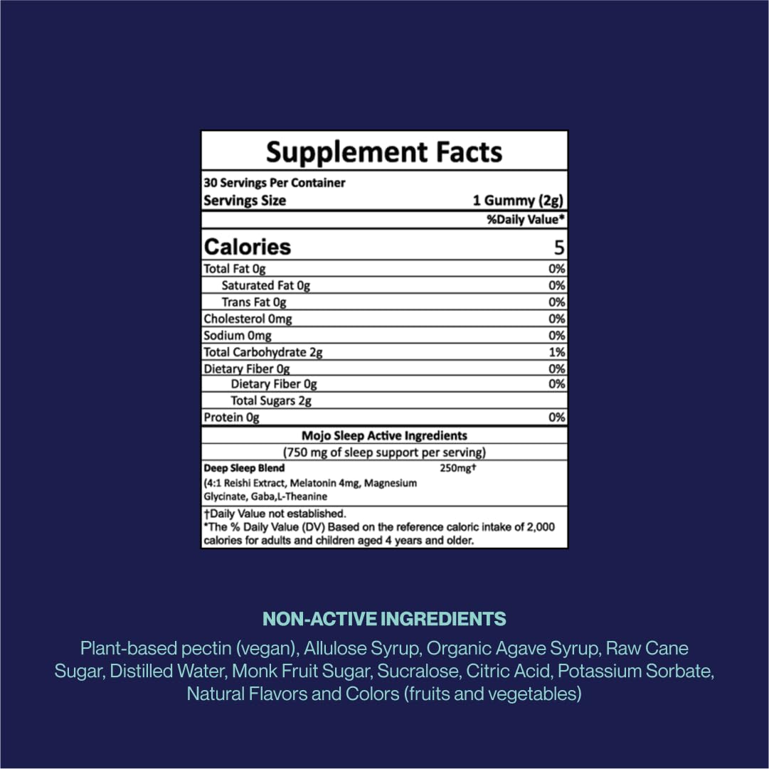 Mojo Sleep Gummies label close-up showing vegan non-GMO blend for restful nights