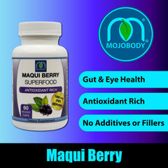 MOJObody Maqui Berry Capsules bottle back showing ingredients and certifications