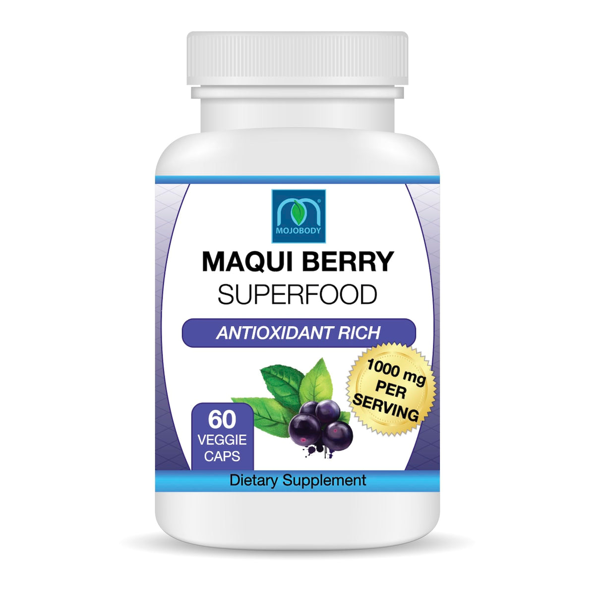MOJObody Maqui Berry Capsules bottle front with 60 veggie capsules for antioxidant support