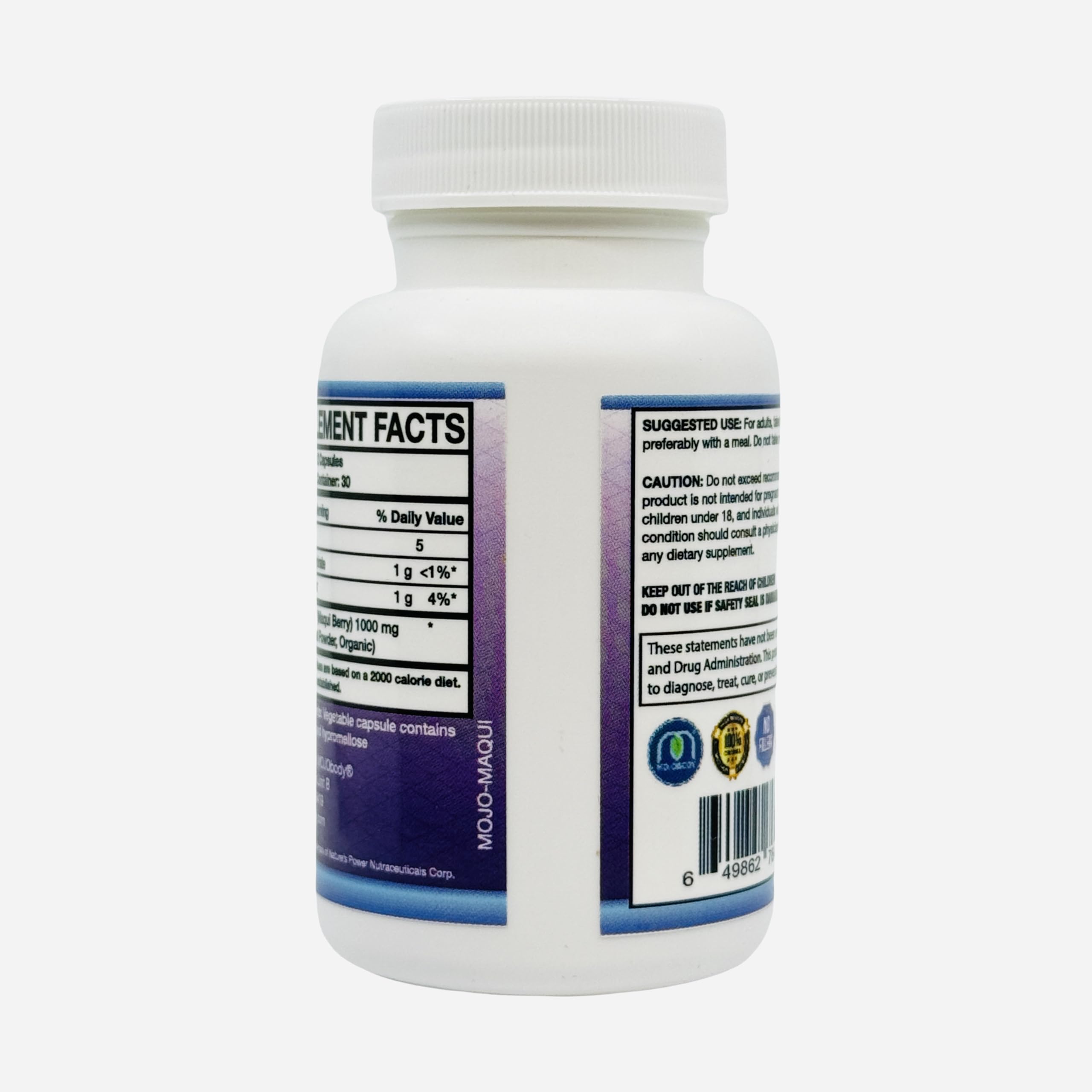 GMP packaging note near MOJObody Maqui Berry Capsules box