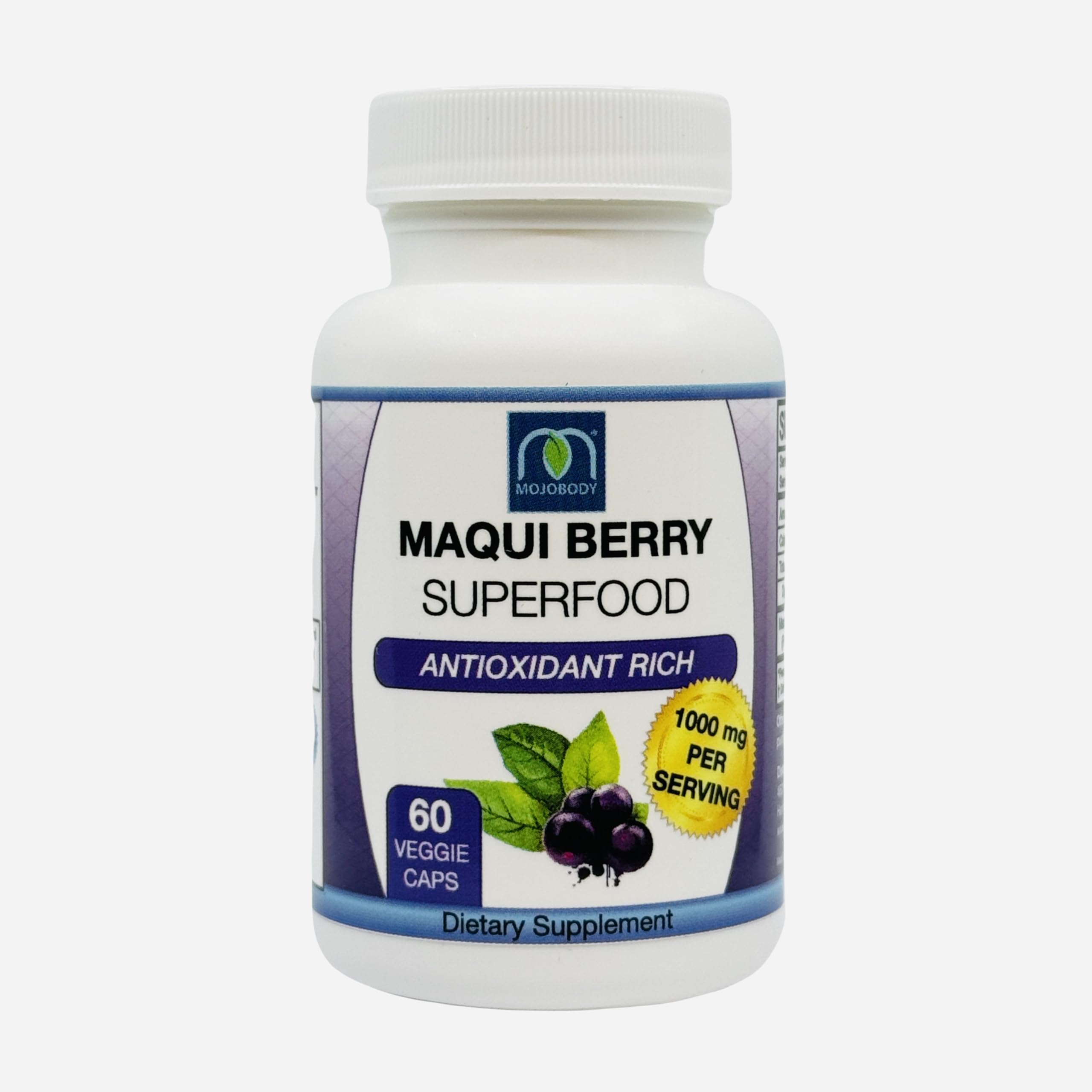 Label close-up on MOJObody Maqui Berry Capsules showing organic and USA-made seals