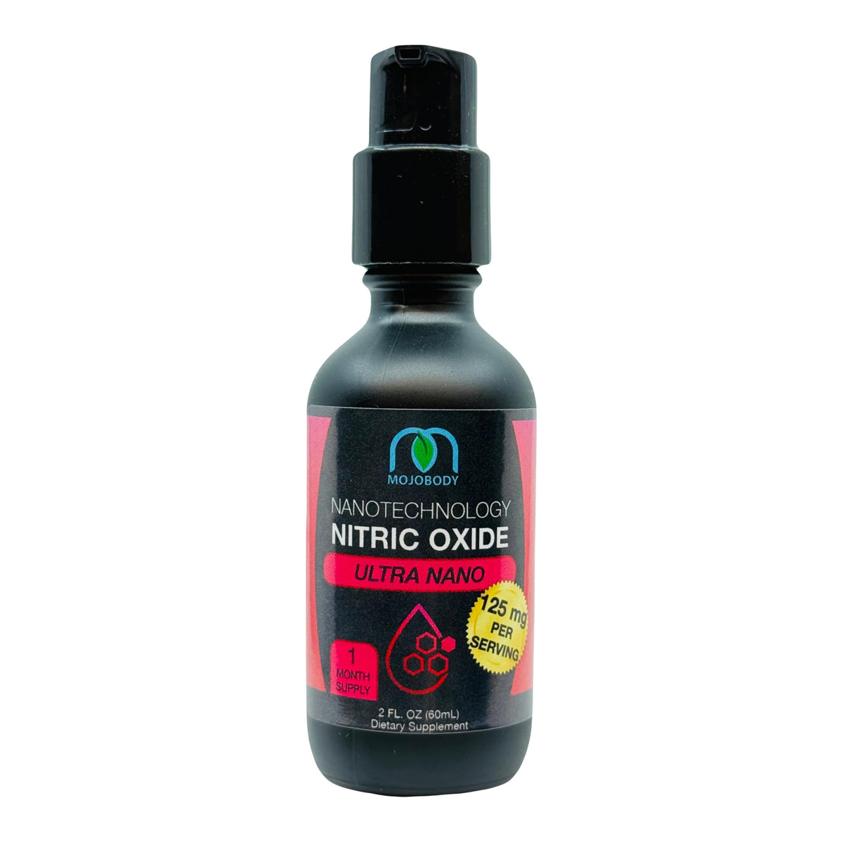 MOJObody Nano Nitric Oxide 2oz bottle close-up, emphasizing premium design and easy use