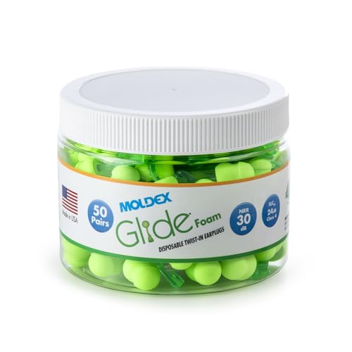 Moldex Glide foam earplugs inside jar close-up for quick access