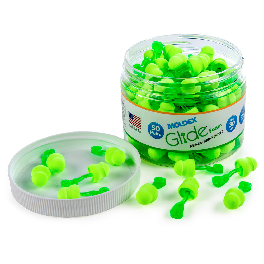 Moldex Glide jar exterior shows convenient storage for earplugs