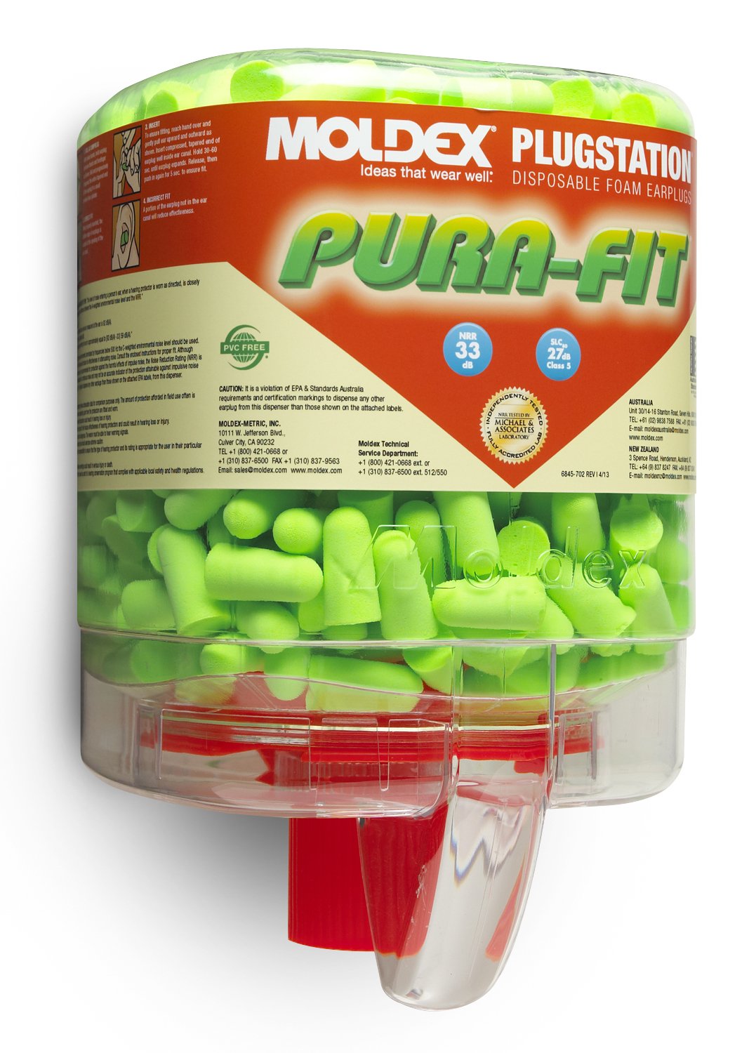 Moldex Pura-Fit earplugs long length in dispenser for quick access and high-visibility compliance