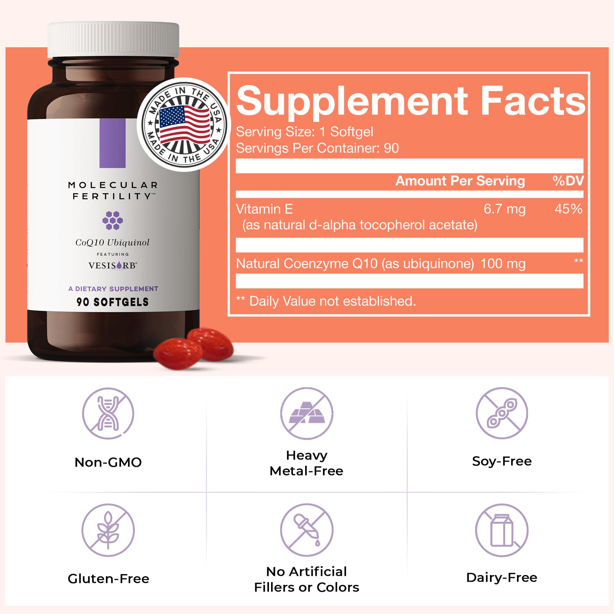 Molecular Fertility dosing guide illustrating the 1–3 daily softgels option.