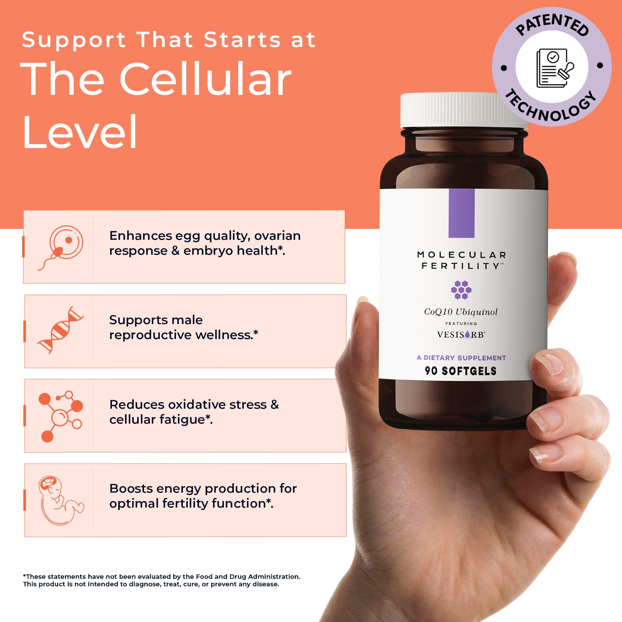 Molecular Fertility CoQ10 softgels close-up ready-to-swallow capsules.