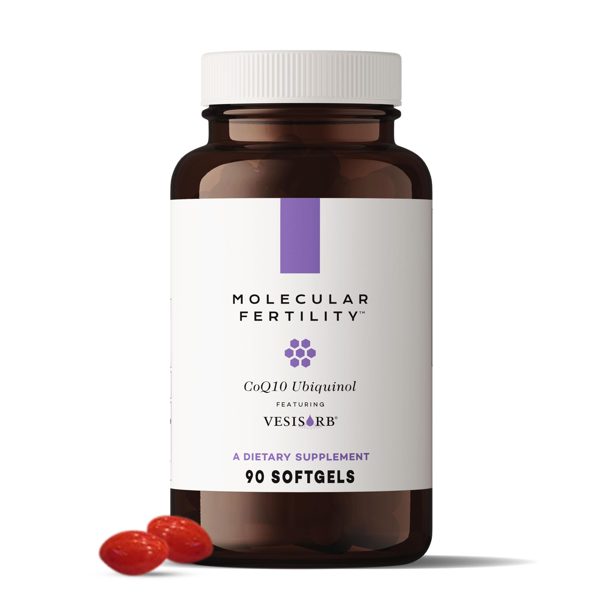 Molecular Fertility CoQ10 Ubiquinol bottle with clear label for daily use.