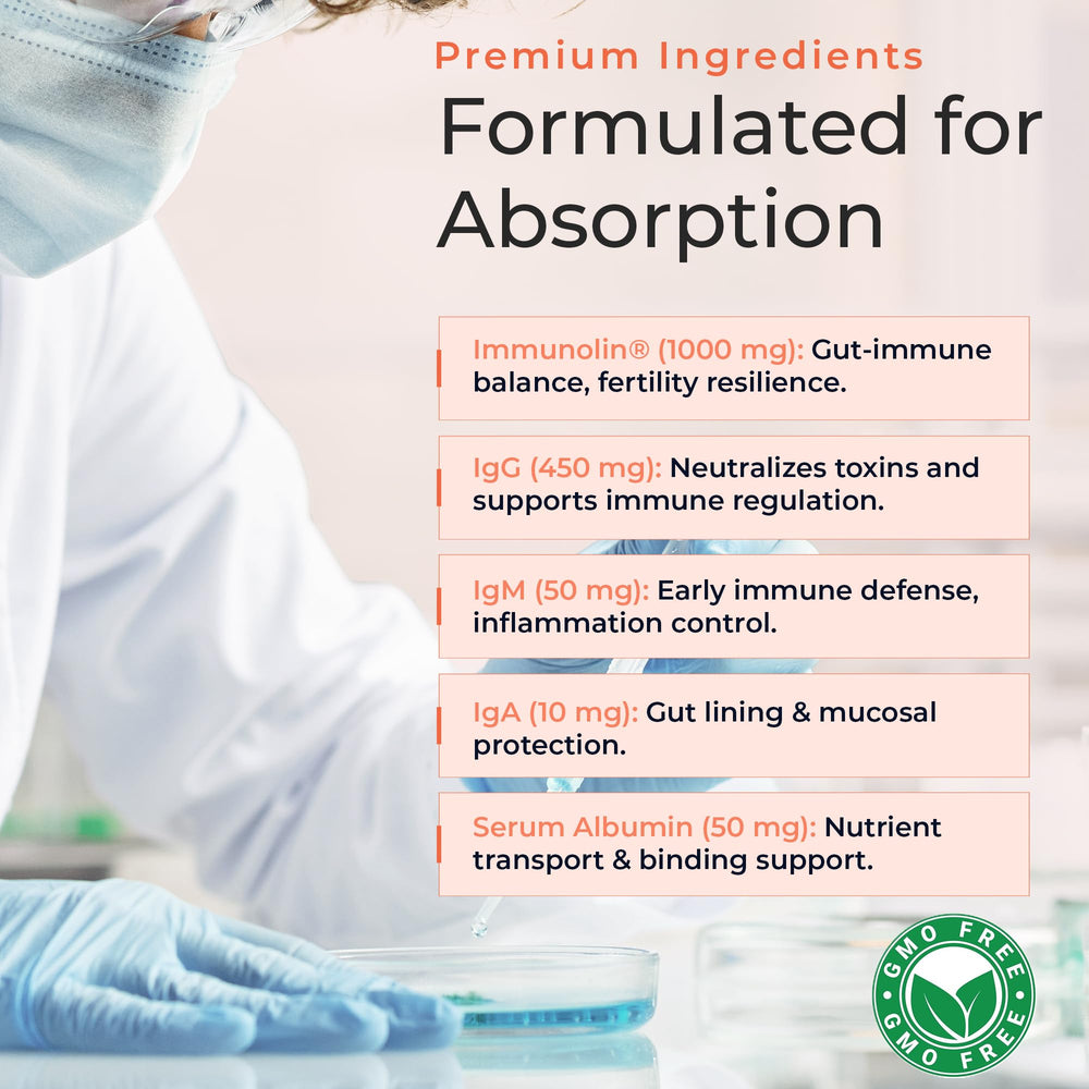 Back label of Molecular Fertility Immunoglobulin bottle detailing dairy-free features