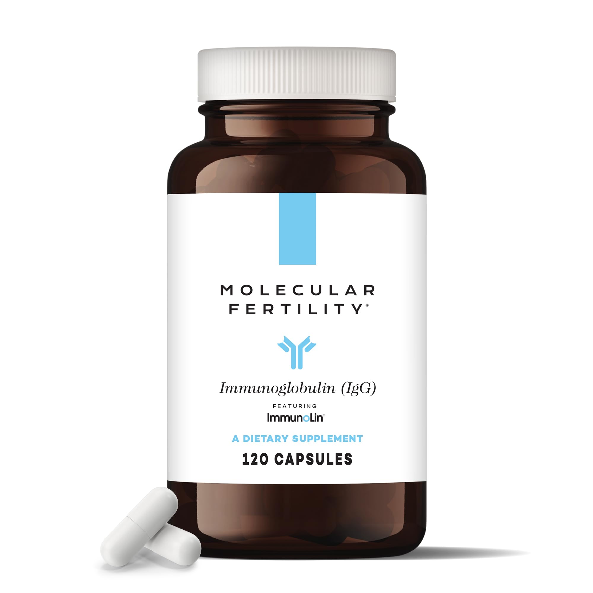 Molecular Fertility Immunoglobulin bottle front showing dairy-free formulation for immune support