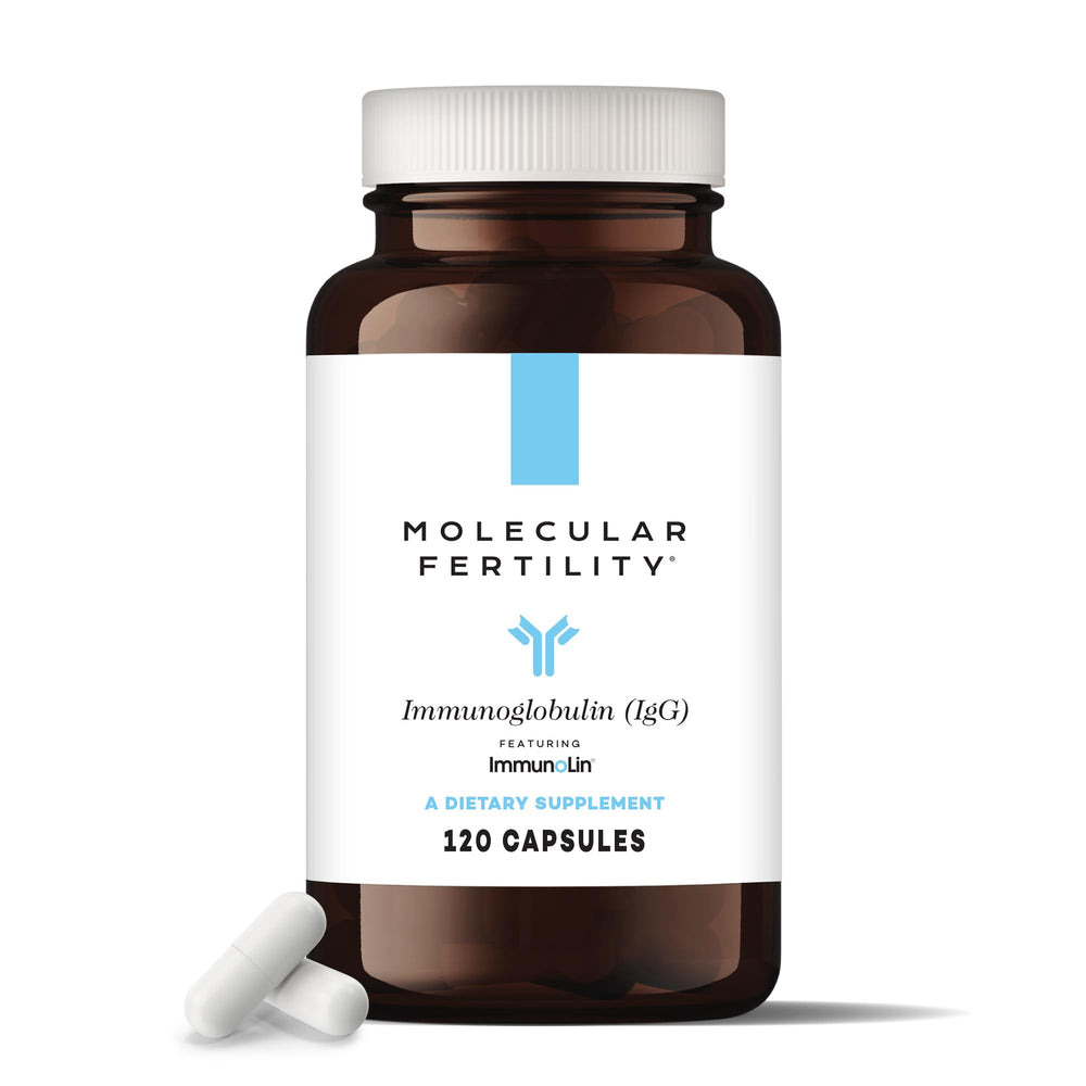 Molecular Fertility Immunoglobulin bottle front showing dairy-free formulation for immune support