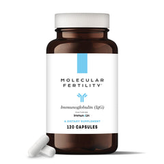 Molecular Fertility Immunoglobulin bottle front showing dairy-free formulation for immune support