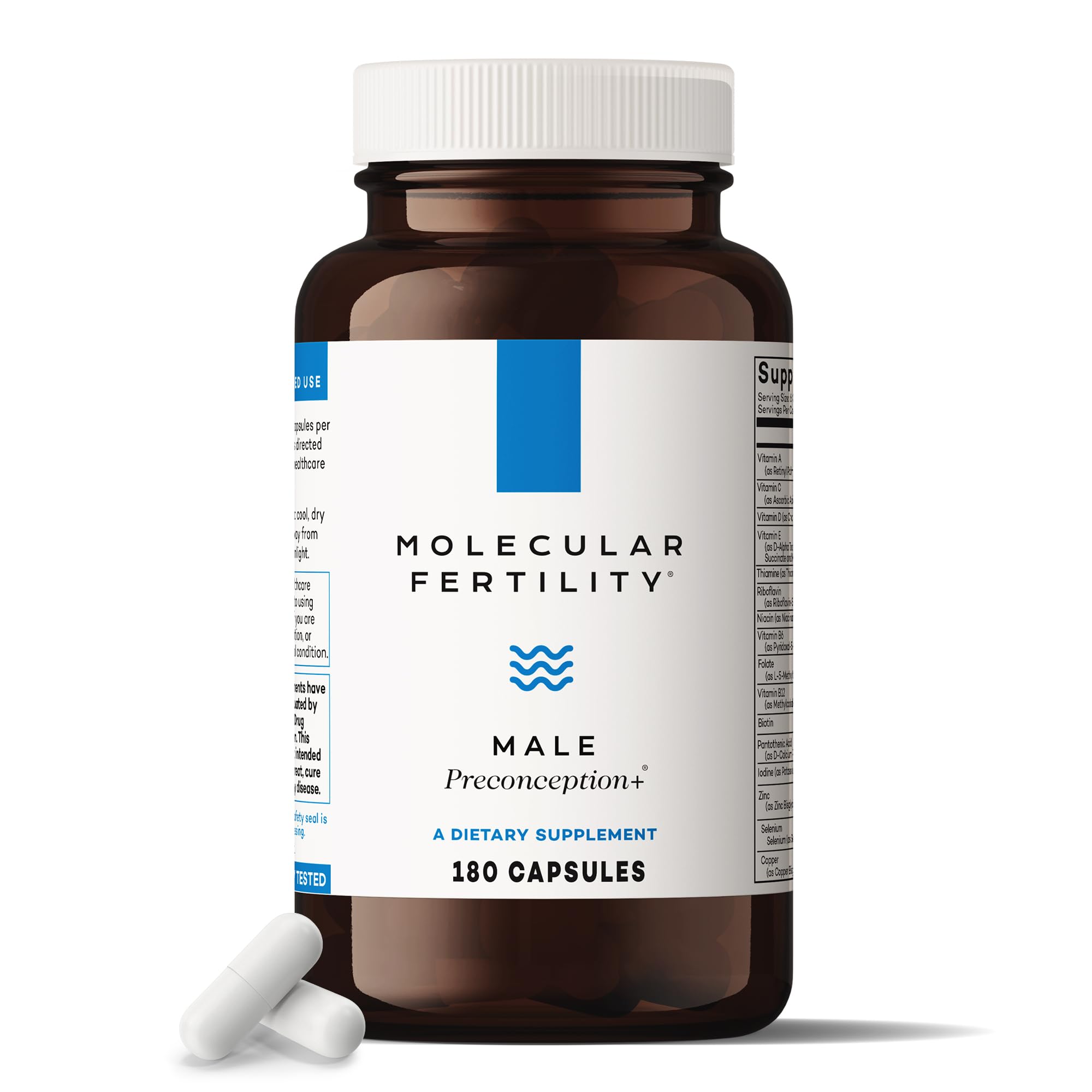 Molecular Fertility bottle with capsules, supporting energy and reproductive wellness for men.