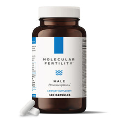 Molecular Fertility bottle with capsules, supporting energy and reproductive wellness for men.