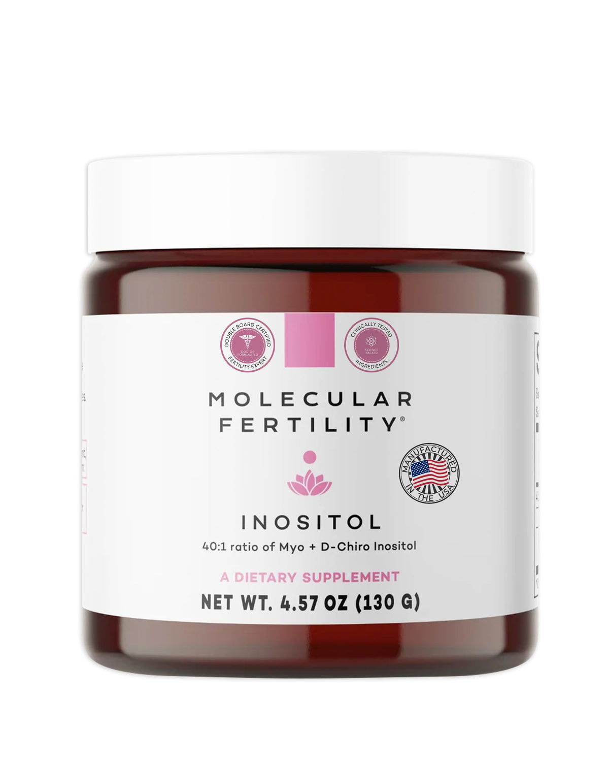 Molecular Fertility bottle shows unflavored powder for easy daily use.