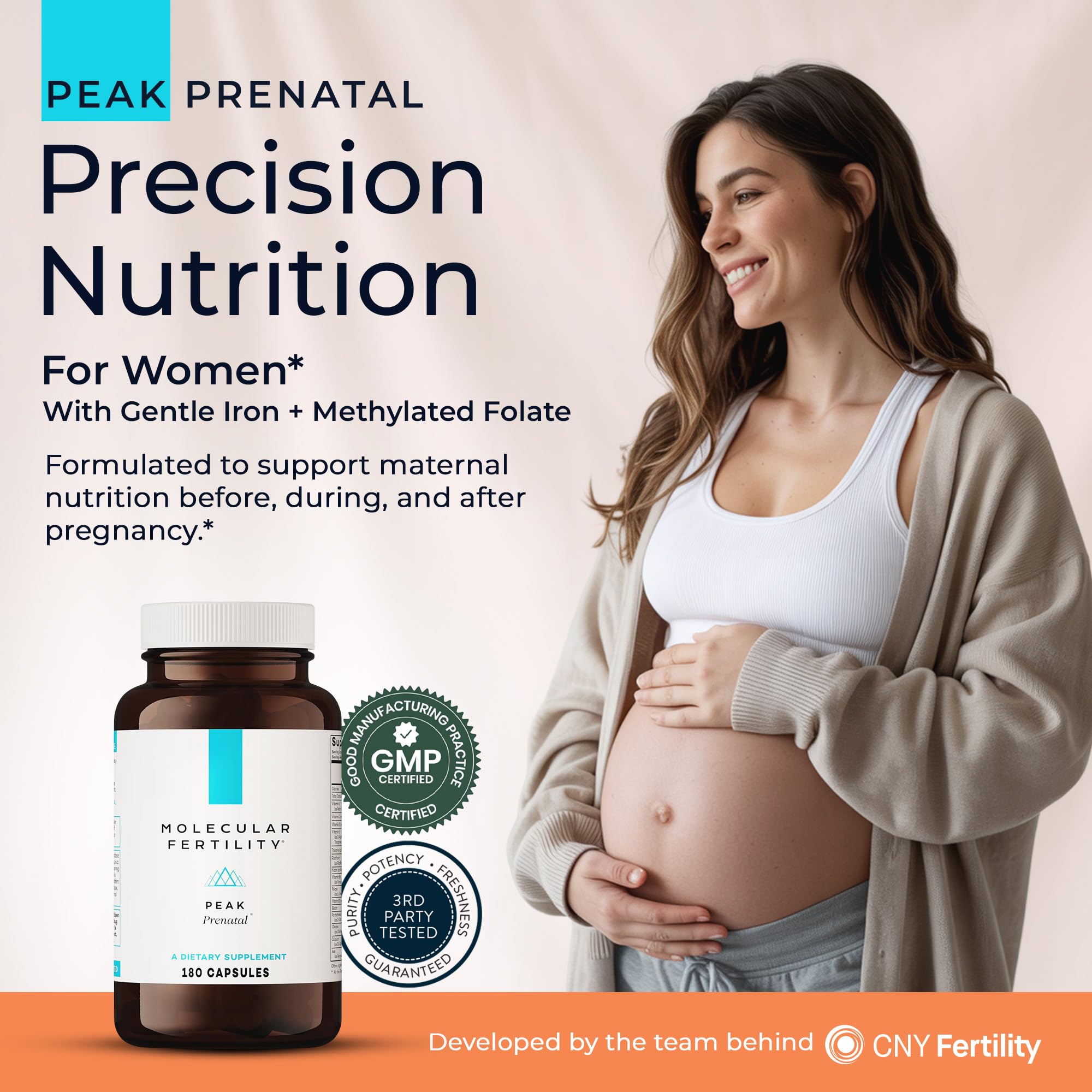 Molecular Fertility Peak Prenatal bottle label highlights a broad nutrient blend