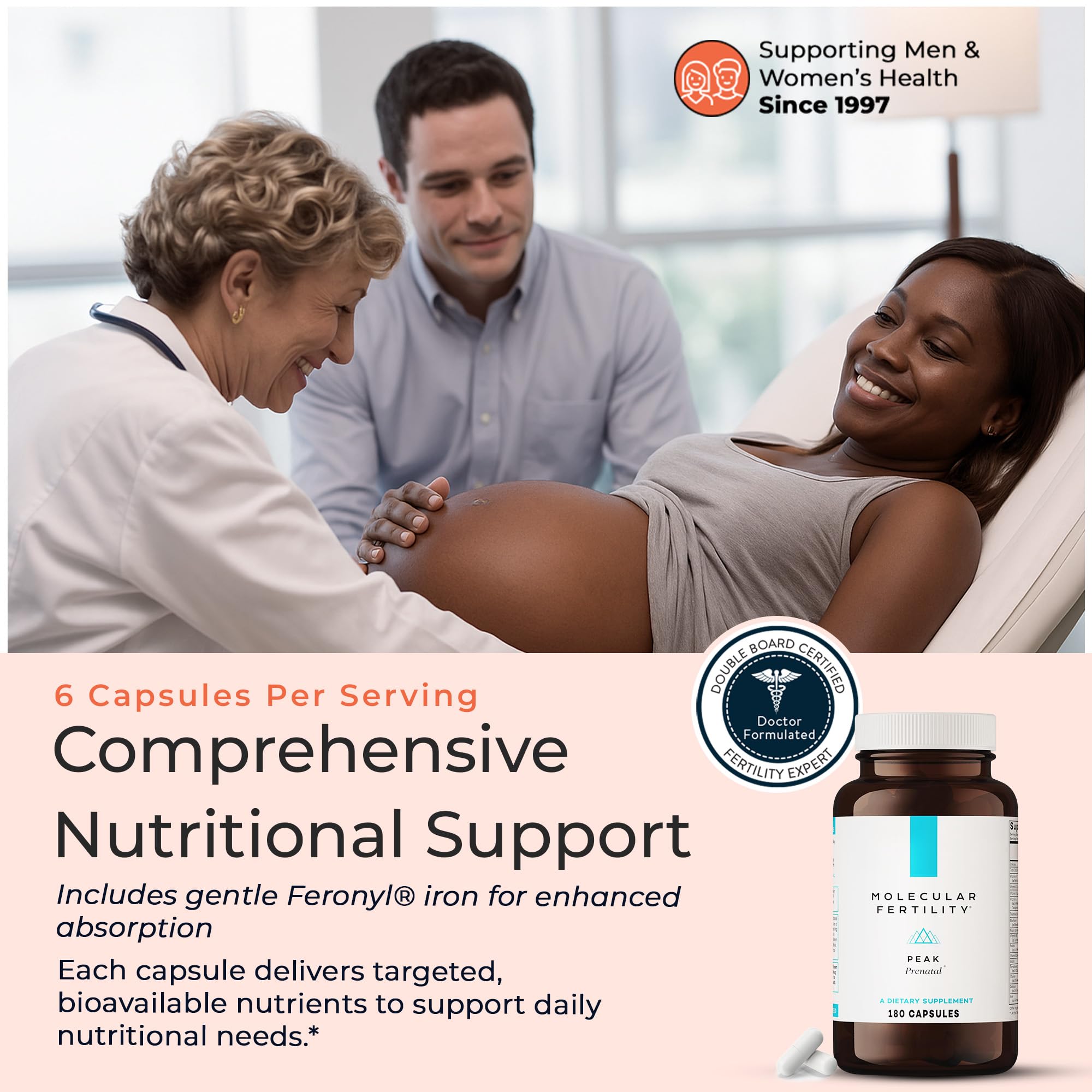 Molecular Fertility Peak Prenatal packaging highlights allergen-free formulation