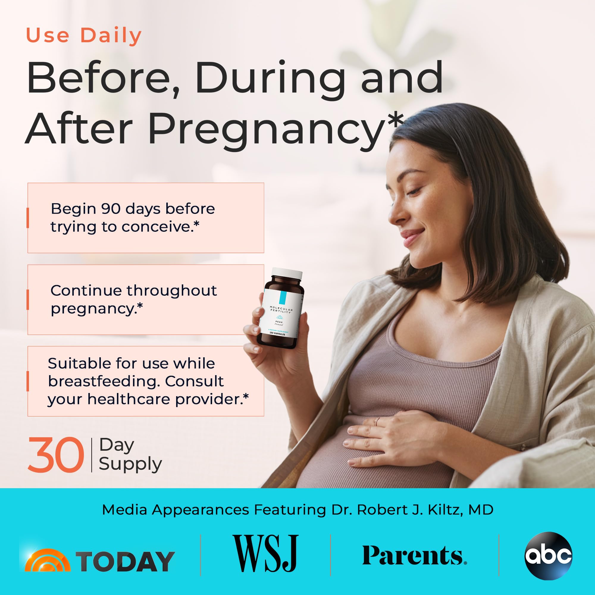 Molecular Fertility Peak Prenatal ingredients panel lists key nutrients and probiotics