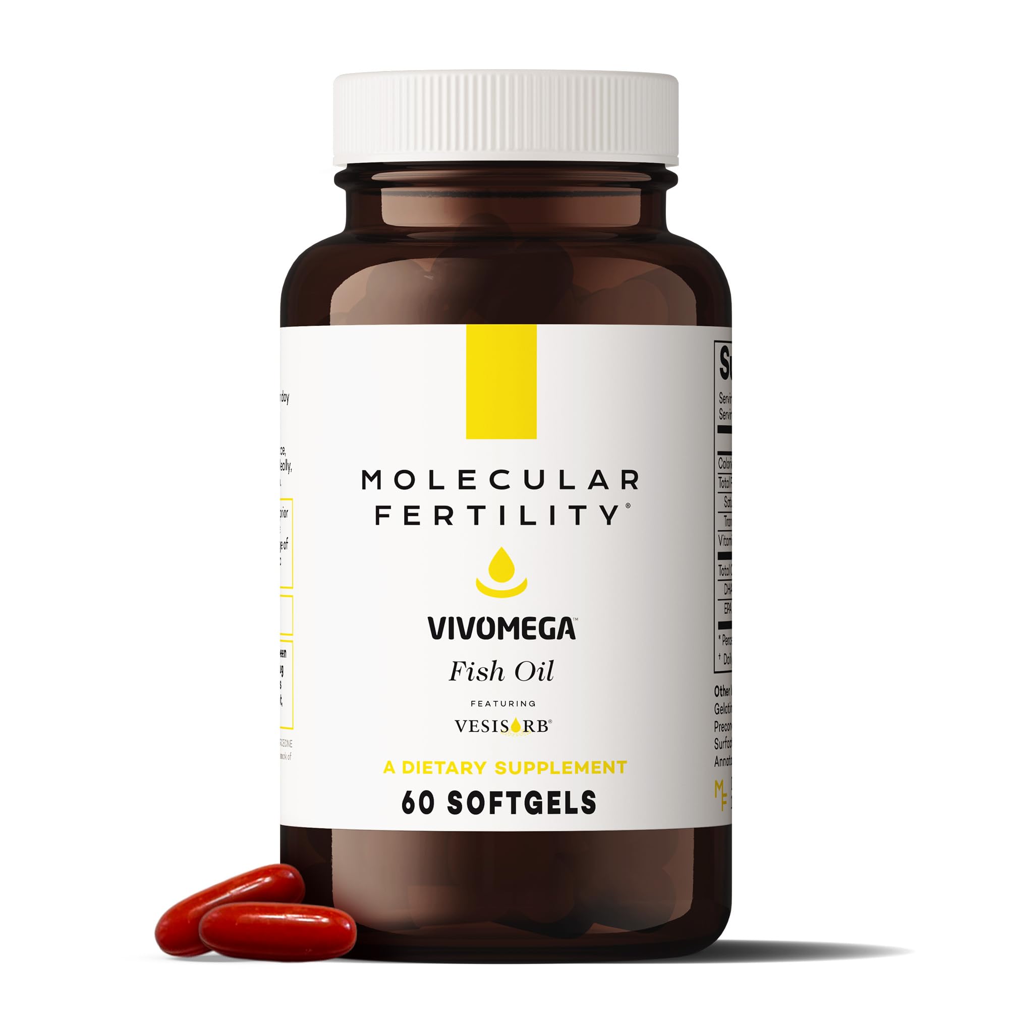 Molecular Fertility VIVOMEGA fish oil bottle with pour, highlighting convenient daily dosing