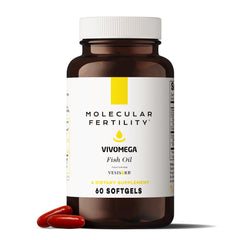 Molecular Fertility VIVOMEGA fish oil bottle with pour, highlighting convenient daily dosing