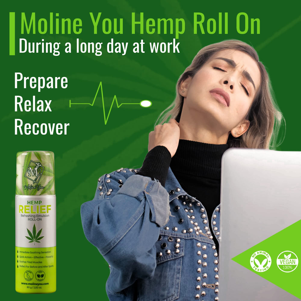 Moline You hemp-arnica-menthol blend shown for daily use and refreshment.