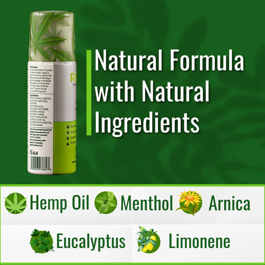 Moline You natural blend highlights hemp oil, arnica, and menthol for soothing relief.