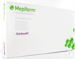 Molnlycke Mepiform scar remover 4x7-inch sheet applied to skin for discreet scar management.
