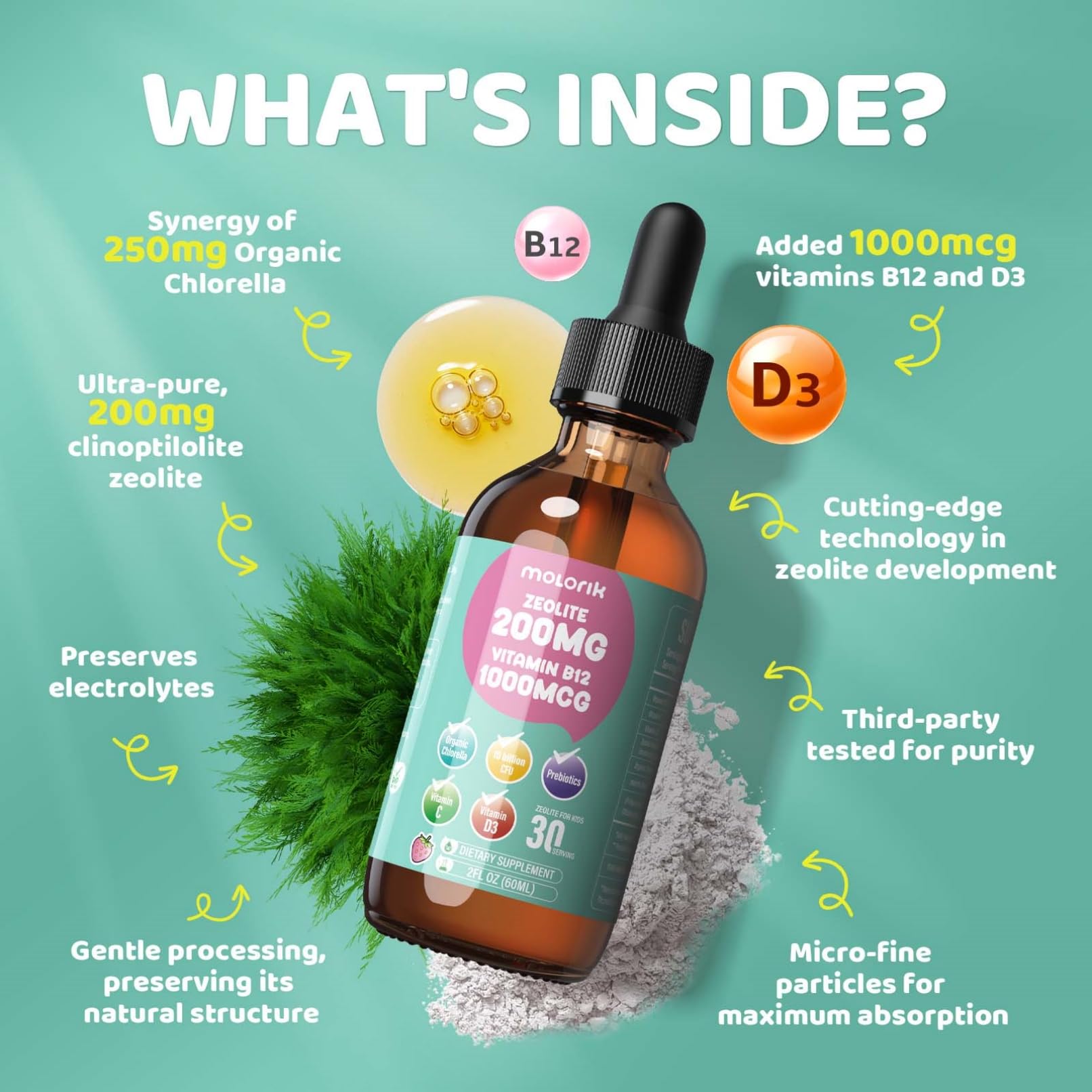 Molorik Pure Zeolite Berry flavored bottle close up appealing to kids