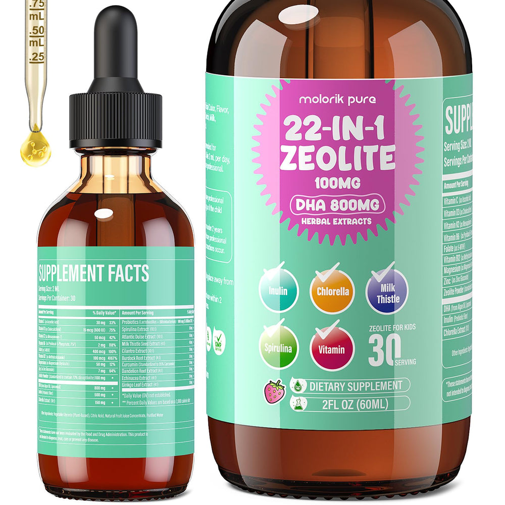 Molorik Pure Zeolite Detox bottle with strawberry flavor supports gentle daily detox for all ages.