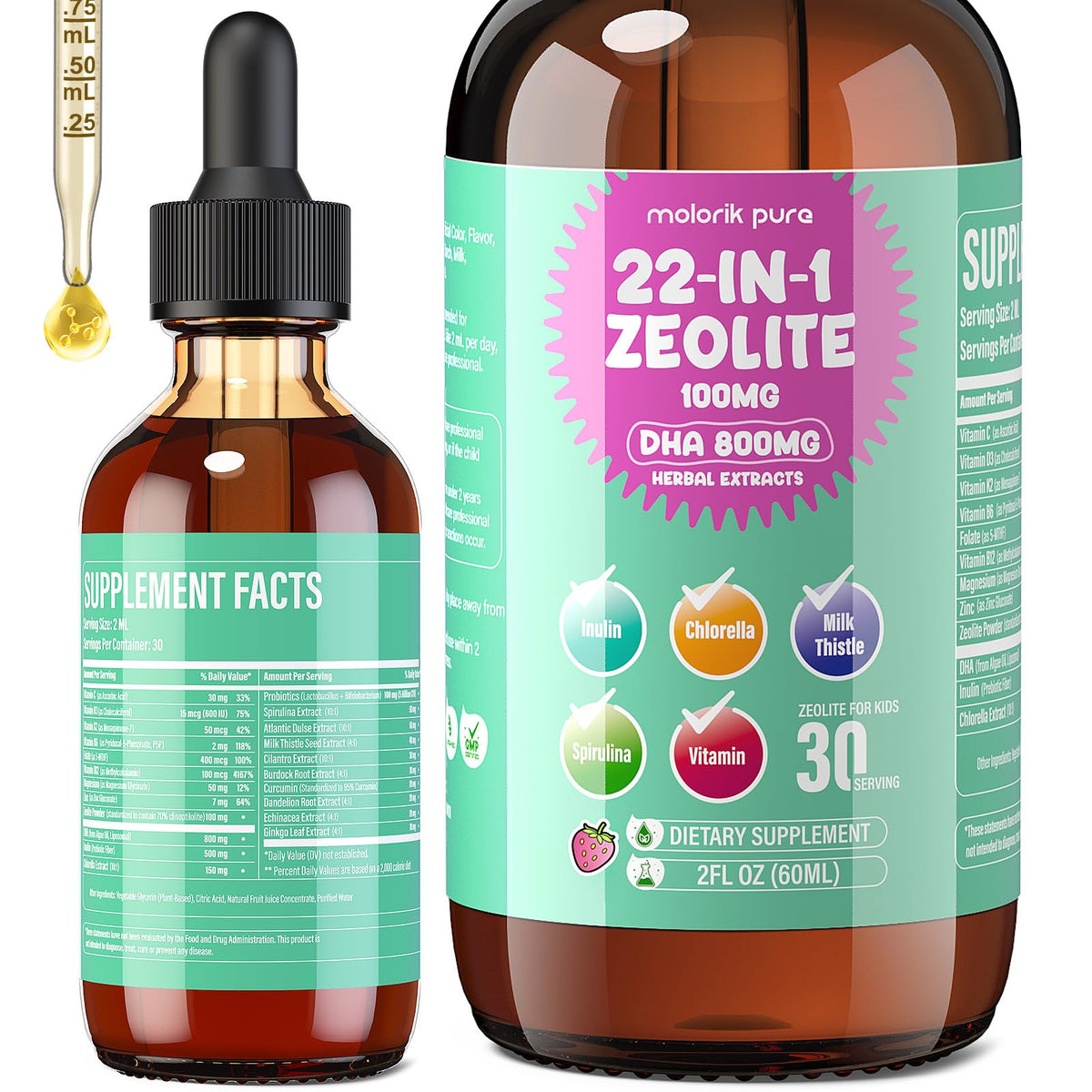 Molorik Pure Zeolite Detox bottle with strawberry flavor supports gentle daily detox for all ages.