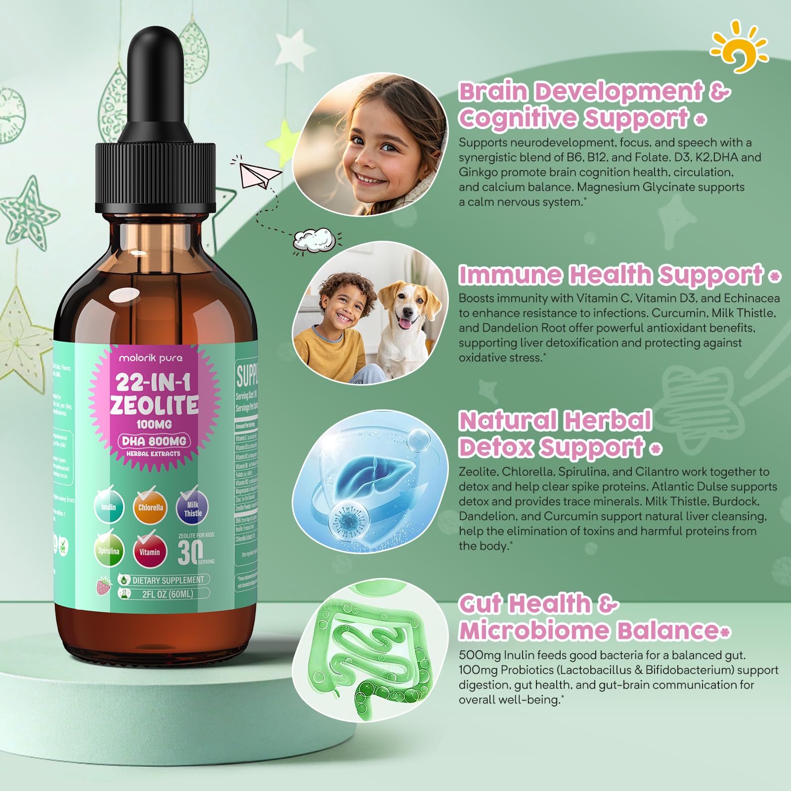 Molorik Pure Zeolite Detox daily-dose package shows a convenient 60 ml bottle for families.