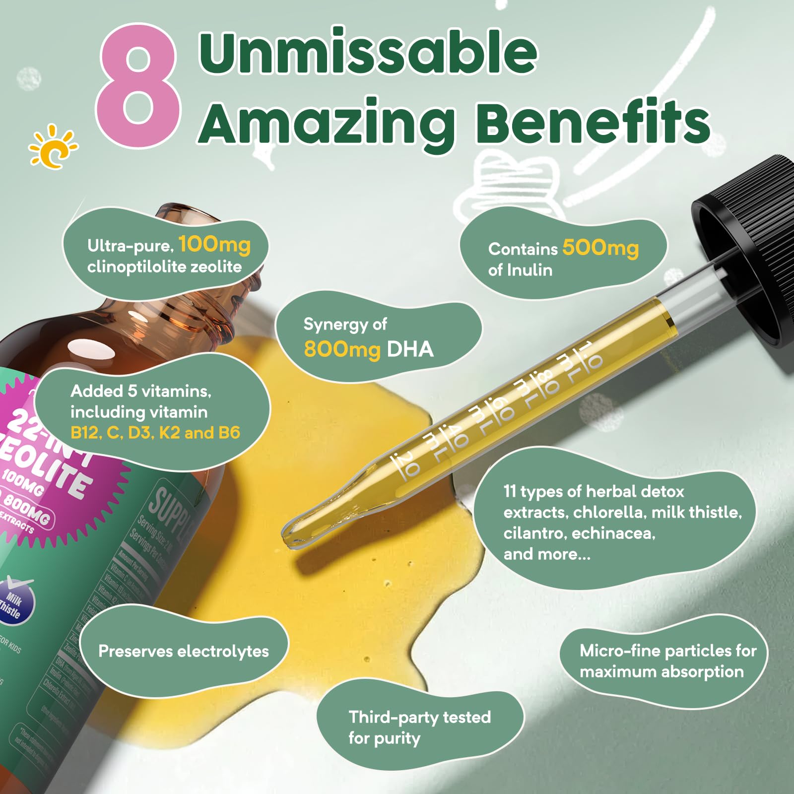 Molorik Pure Zeolite Detox kids-use bottle demonstrates a kid-friendly flavor for a gentle routine.