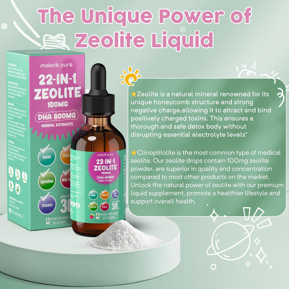 Molorik Pure Zeolite Detox label closeup highlighting DHA and probiotics in the formula.