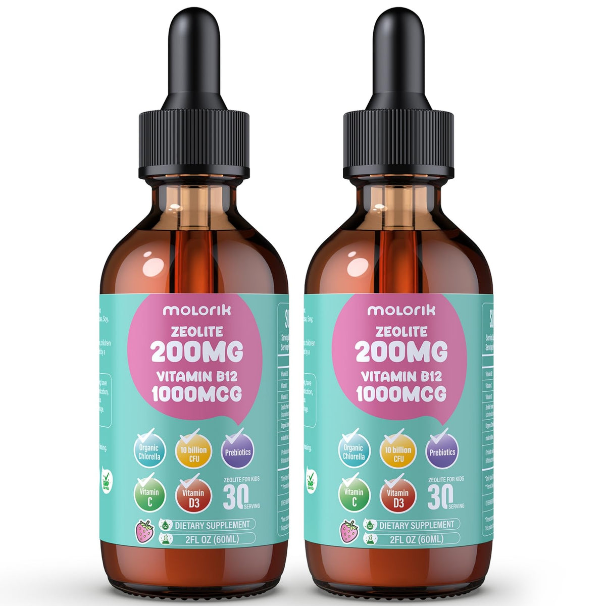 Molorik Pure Zeolite Drops bottle front with strawberry flavor for daily gut support