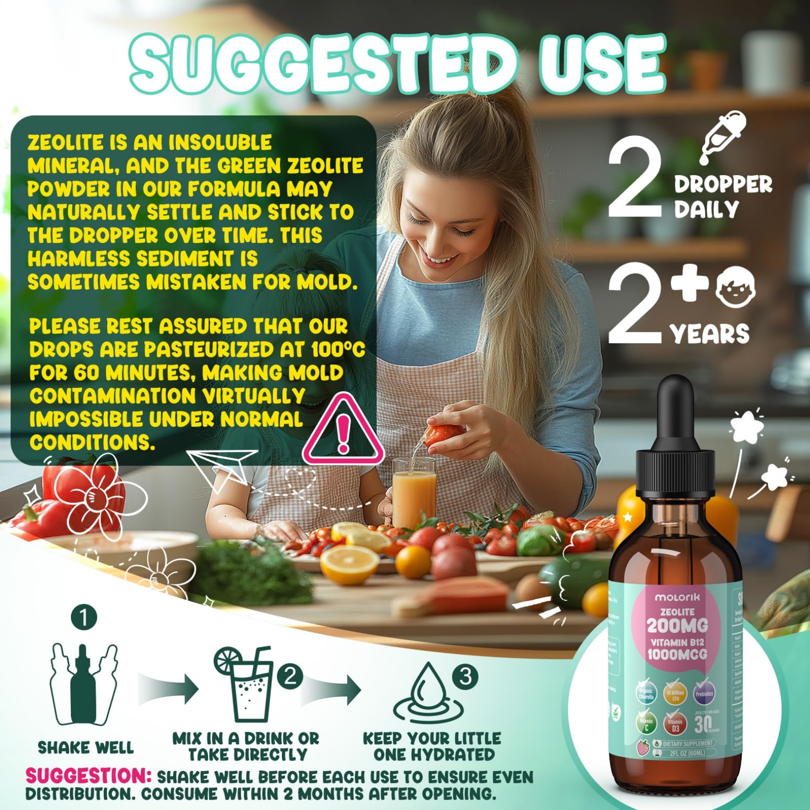 Molorik Pure Zeolite Drops bottle with glass illustrating hydration ritual