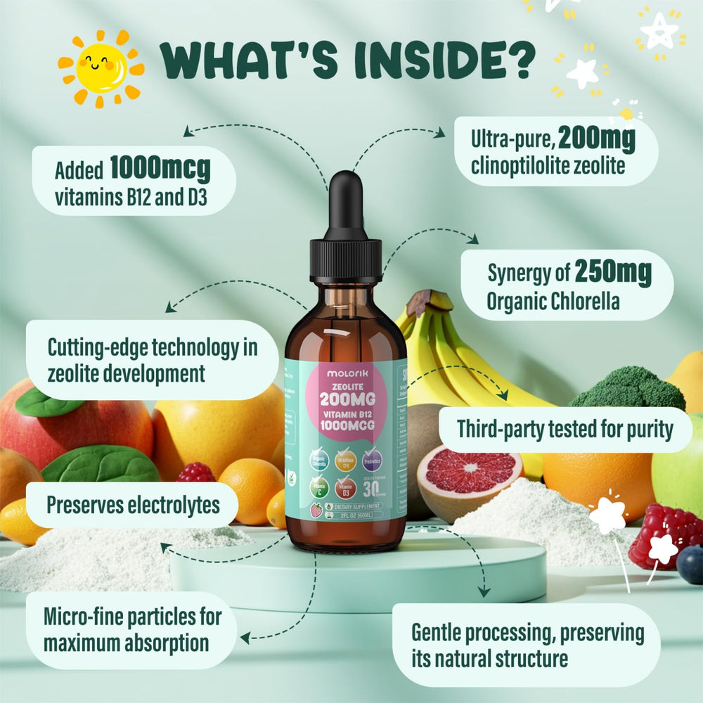 Molorik Pure Zeolite Drops ingredients chart highlighting chlorella and vitamins