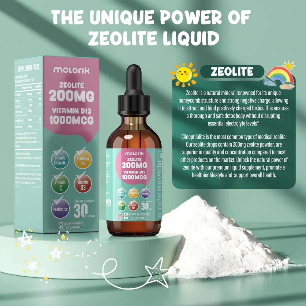 Molorik Pure Zeolite Drops label info showing key ingredients and potency