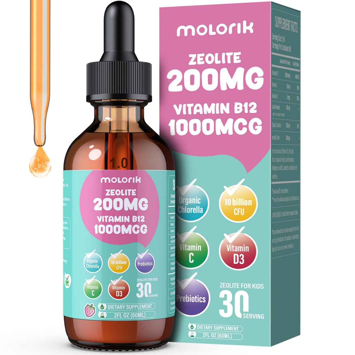 Molorik Pure Zeolite Kids bottle being poured for gentle detox support