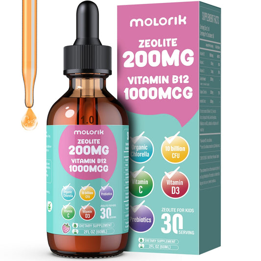 Molorik Pure Zeolite Kids bottle being poured for gentle detox support