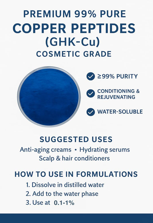 Close-up of blue GHK-Cu powder crystals, ideal for skin and hair formulas.