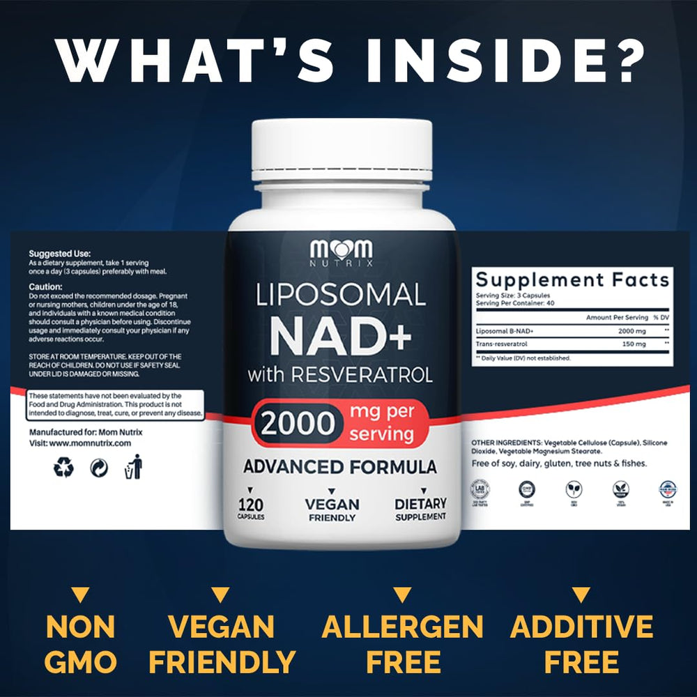 MOM NUTRIX Liposomal NAD+ with Resveratrol label highlighting premium formula.