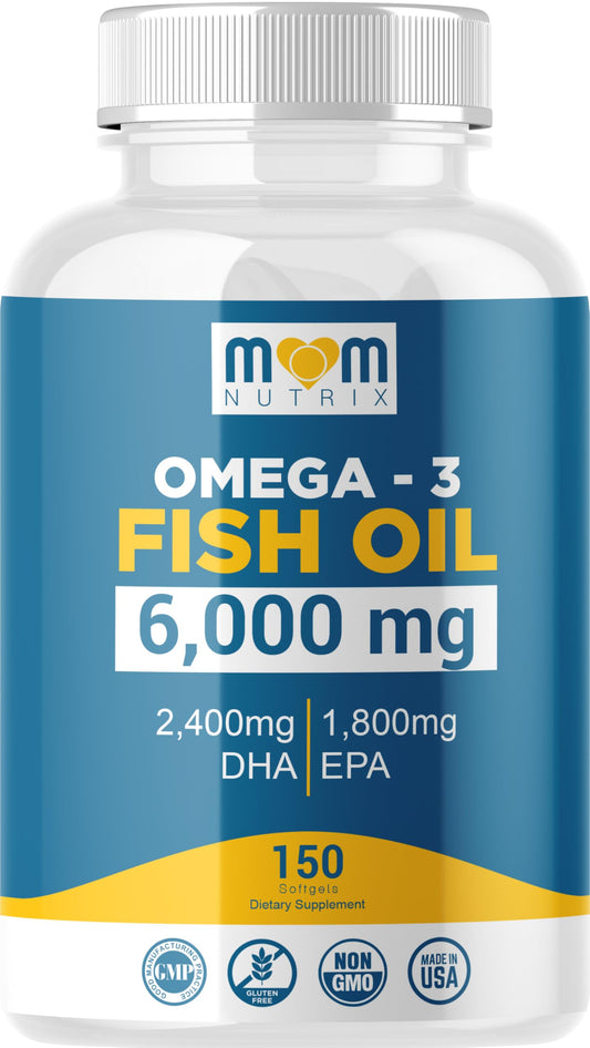 Mom Nutrix Omega 3 bottle close-up showing maximum EPA/DHA strength for heart and brain support