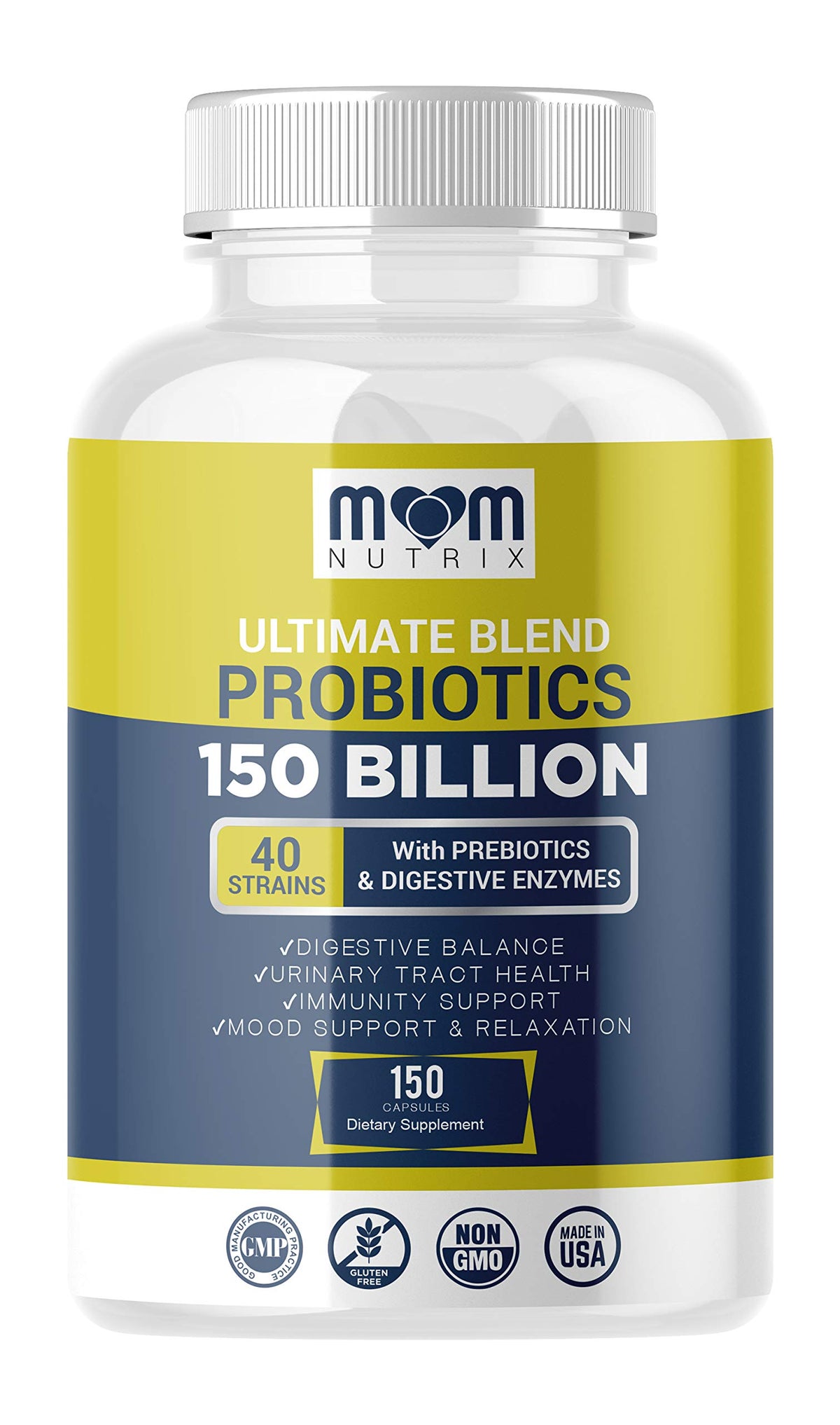 MOM NUTRIX probiotic bottle showing 150B CFU and 40 strains for overall wellness.