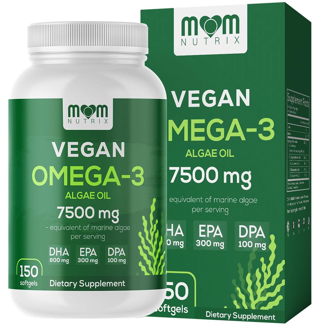 MOM Nutrix vegan Omega-3 bottle shows plant-based algae oil for daily wellness