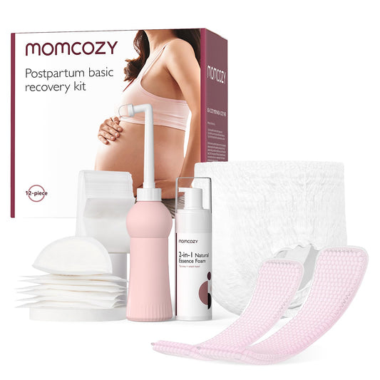 Momcozy postpartum kit inside a canvas bag for organized recovery routines